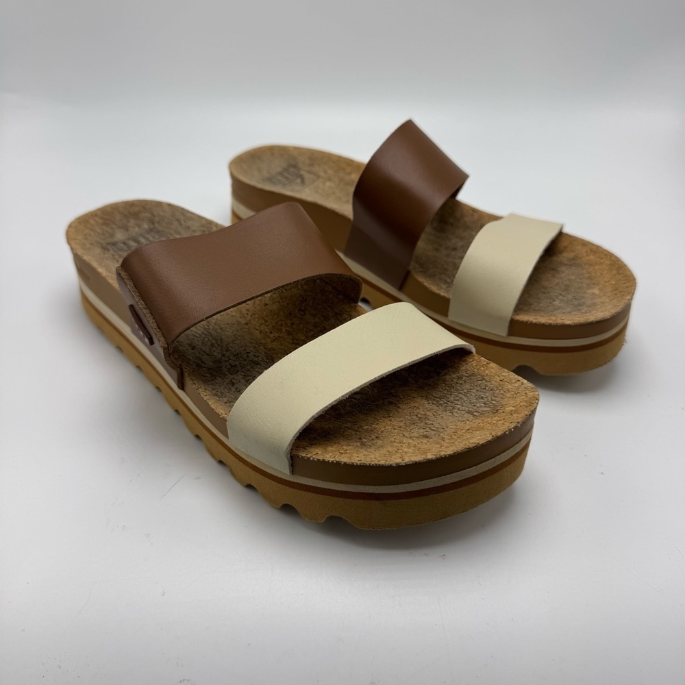 Reef Cushion Vista Hi Slide Sandal Size 8 Brown Cream Platform Vegan Leather - Picture 2 of 8